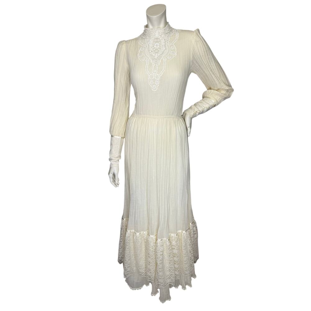 Vintage 70s Gunne Sax Cotton Gauze Prairie Dress Boho Lace Cottagecore Wedding